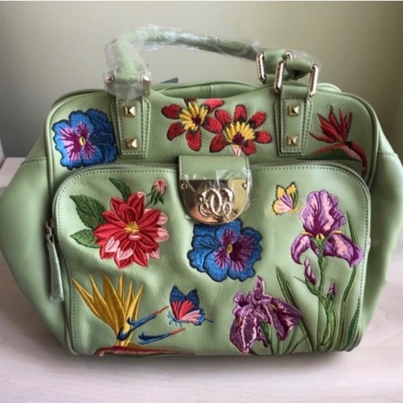 New Sharif Celadon Leather Embroidered Floral Bag, Anuschka Blue Wallet & Clutch - Picture 2 of 4